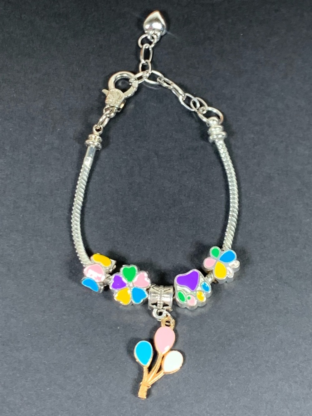 Silver Tone Multi-Color Enamel Flower & Balloon Charm Bracelet 6-8”